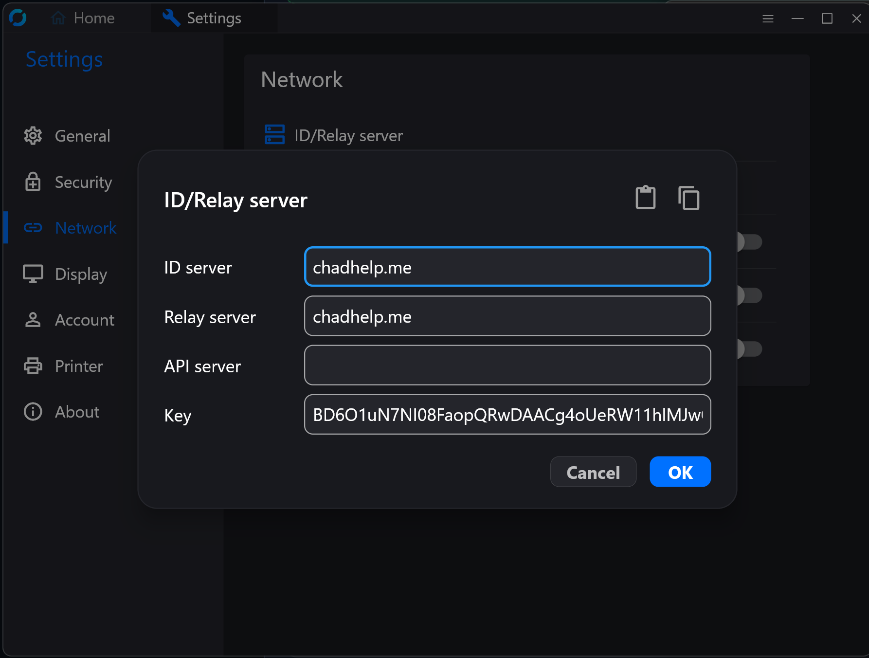 RustDesk Settings showing Network → ID/Relay server with chadhelp.me and the server key